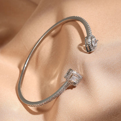 Geometric Gold Cuff Bangle | AAA+ Cubic Zirconia Tension Setting, Copper, 7g