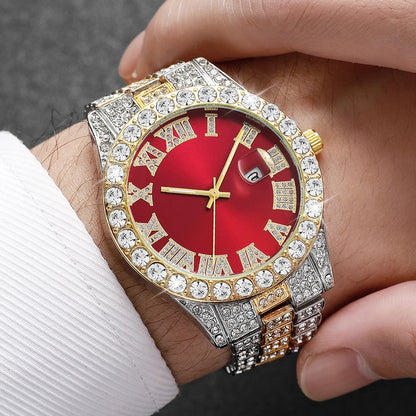 Rhinestone Calendar Watch | 42mm Roman Numeral Dial, Stainless Steel, 20mm Alloy Band