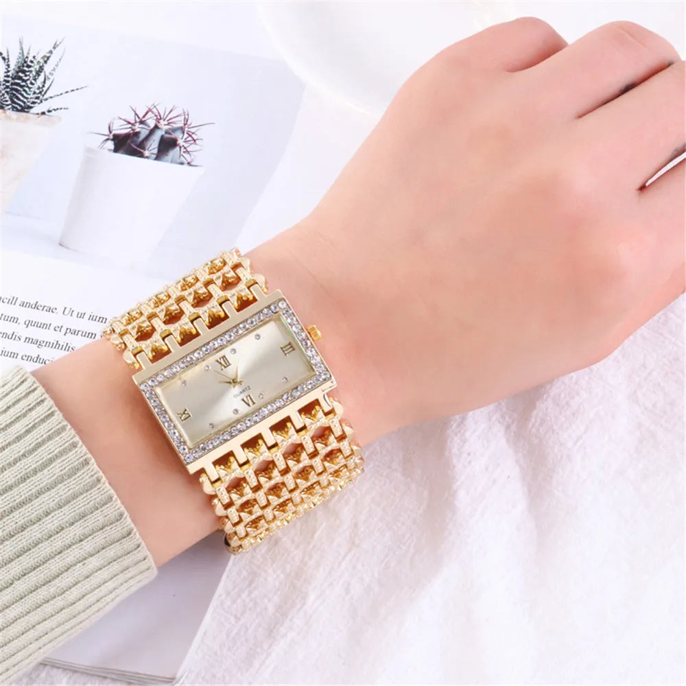 Gold-Tone Skeleton Cuff Watch | 35mm Wide Openwork Bangle with Square Rhinestone Dial