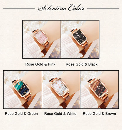 Green Dial Square Watch | Rose Gold Mesh Strap, 24mm, Roman Numerals, Quartz