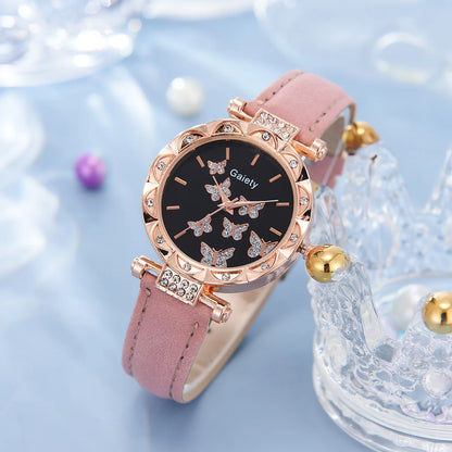 6-Piece Butterfly Watch & Jewellery Set | 33mm Numberless Dial, PU Leather Strap, Necklace, Bracelet, Ring & Earrings