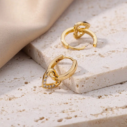 Hollow Zircon Heart Studs | Waterproof Gold Stainless Steel Screw-Back Earrings