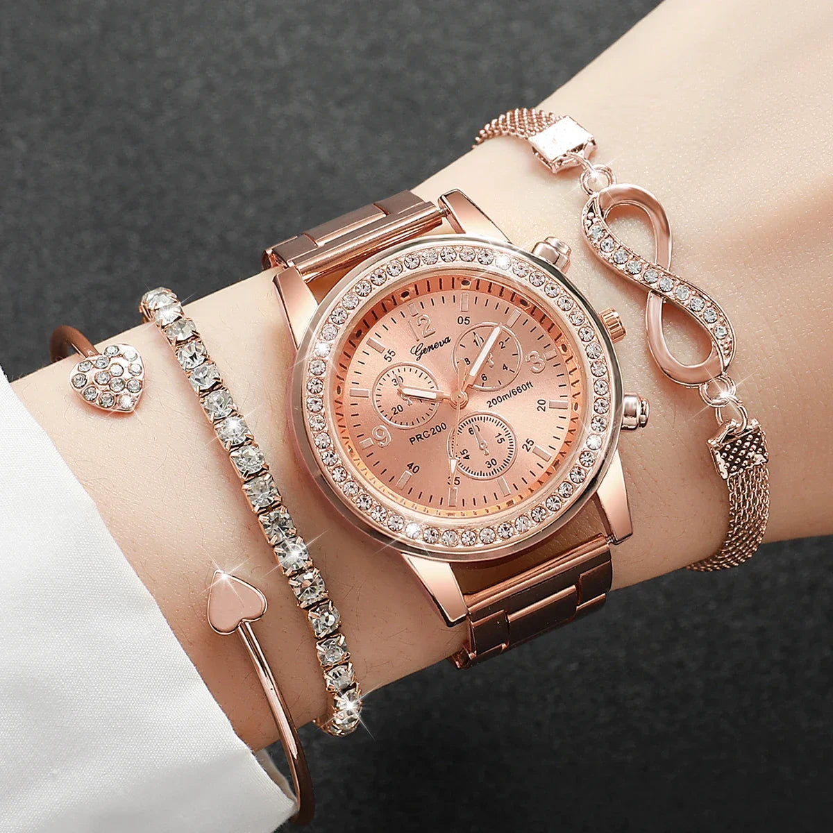 4-Piece Rhinestone Watch & Stackable Bracelet Set | 36-38mm Quartz Watch with 3 Bracelets