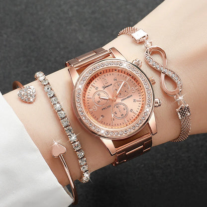 4-Piece Rhinestone Watch & Stackable Bracelet Set | 36-38mm Quartz Watch with 3 Bracelets