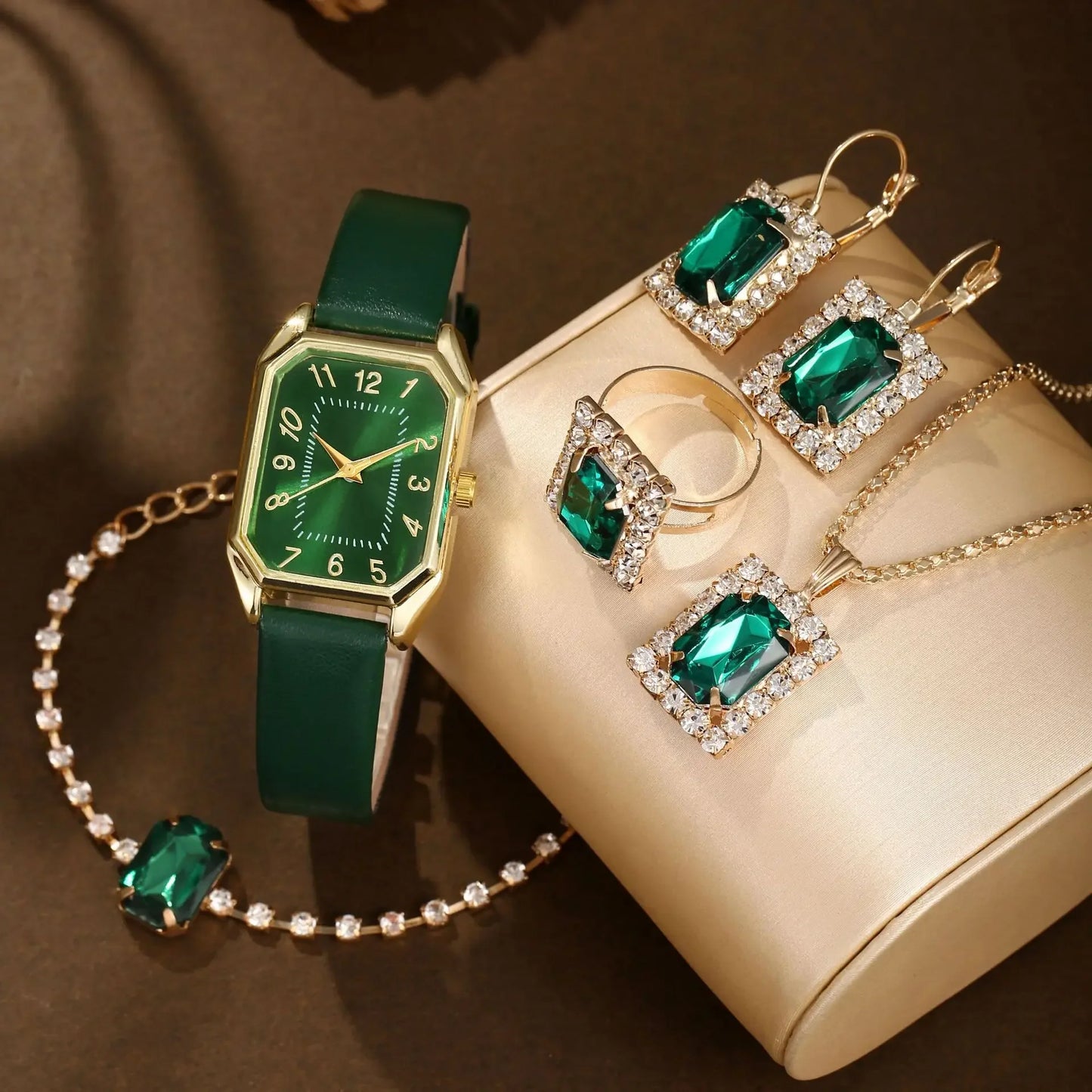 6-Piece Square Watch & Jewellery Set | 29mm Quartz Watch with Leather Strap, Necklace, Bracelet, Ring & Earrings
