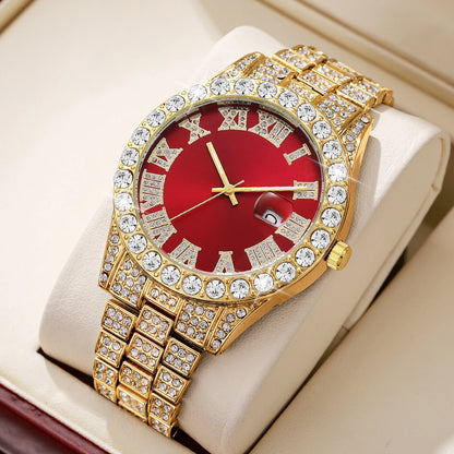 Rhinestone Calendar Watch | 42mm Roman Numeral Dial, Stainless Steel, 20mm Alloy Band