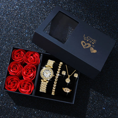 6-Piece Roman Numeral Watch & Jewellery Set | Rhinestone Watch, Necklace, Bracelets, Ring & Earrings
