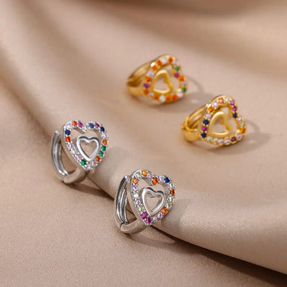 Hollow Zircon Heart Studs | Waterproof Gold Stainless Steel Screw-Back Earrings