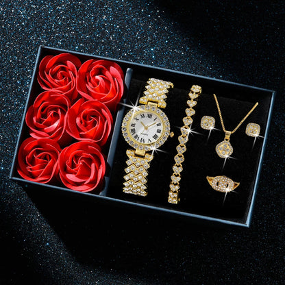 6-Piece Roman Numeral Watch & Jewellery Set | Rhinestone Watch, Necklace, Bracelets, Ring & Earrings