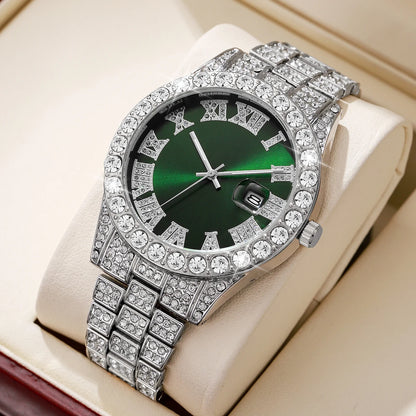 Rhinestone Calendar Watch | 42mm Roman Numeral Dial, Stainless Steel, 20mm Alloy Band