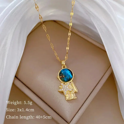 Star, Moon & Astronaut Pendant Necklace | Waterproof Titanium Steel with Zircon