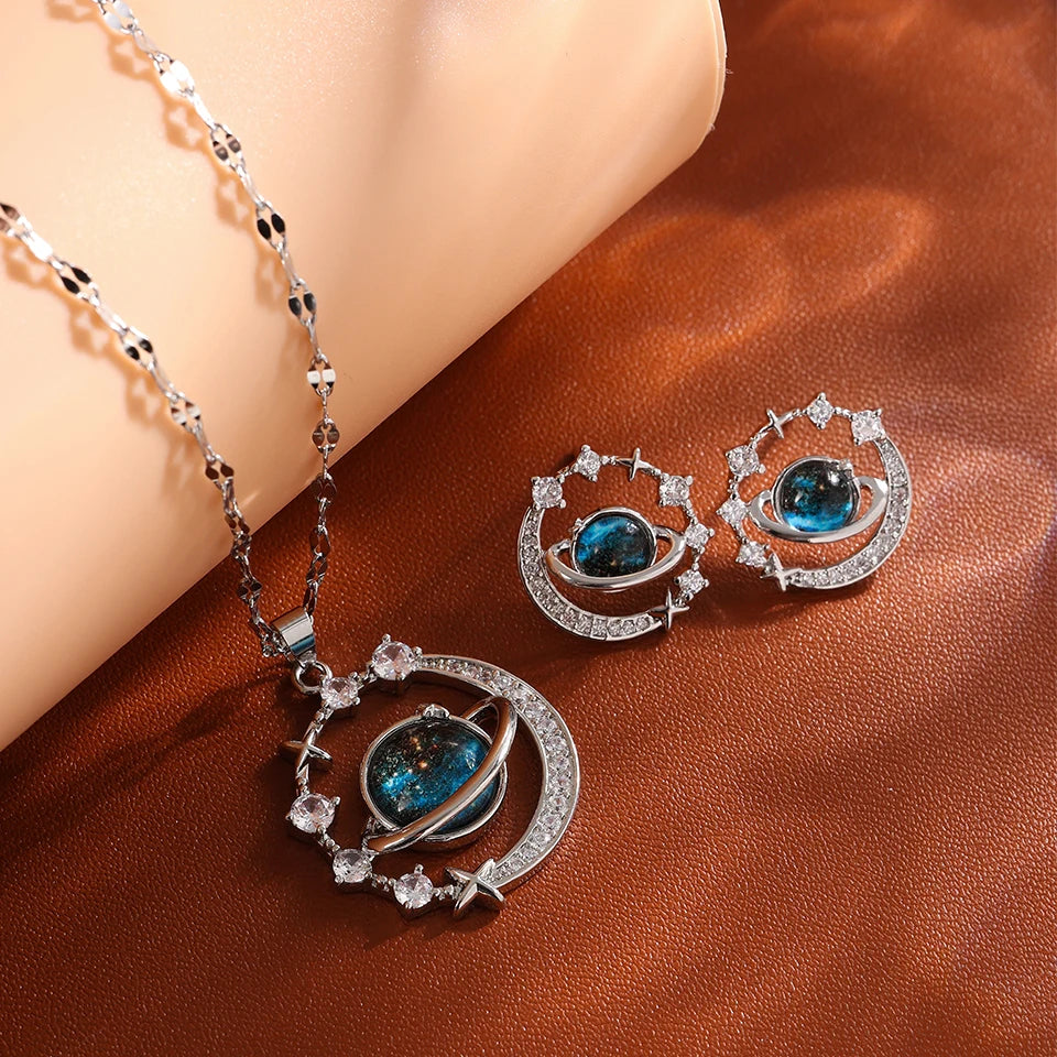 Star, Moon & Astronaut Pendant Necklace | Waterproof Titanium Steel with Zircon