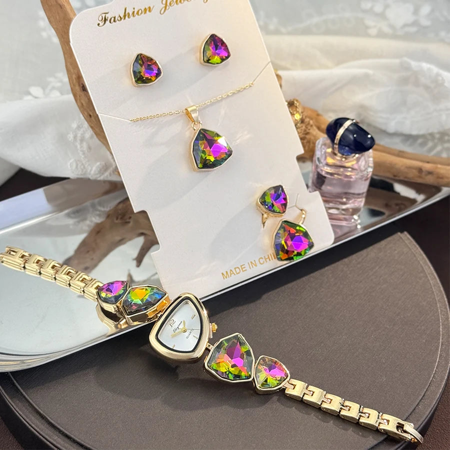 4-Piece Colourful Crystal Watch & Jewellery Set | Irregular Shape Quartz Watch, Necklace, Ring & Earrings