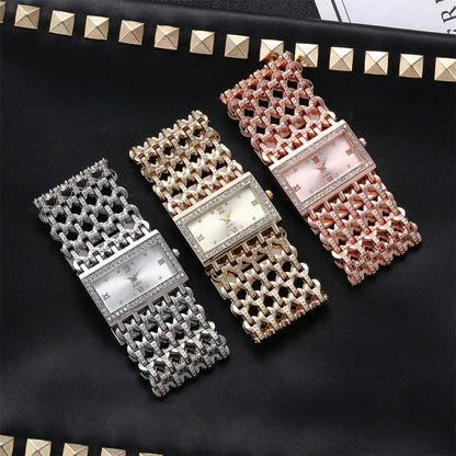 Gold-Tone Skeleton Cuff Watch | 35mm Wide Openwork Bangle with Square Rhinestone Dial