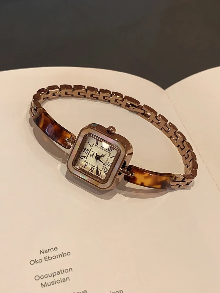 Vintage Square Amber-Tone Watch | 22mm Roman Numeral Stainless Steel Bracelet
