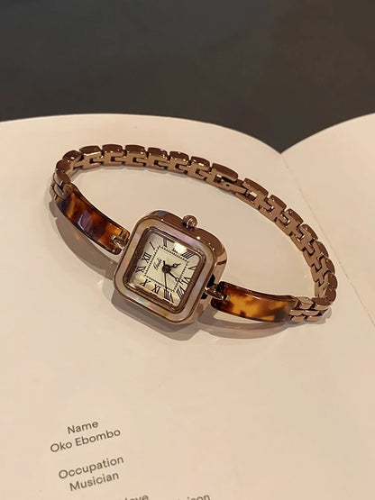 Vintage Square Amber-Tone Watch | 22mm Roman Numeral Stainless Steel Bracelet