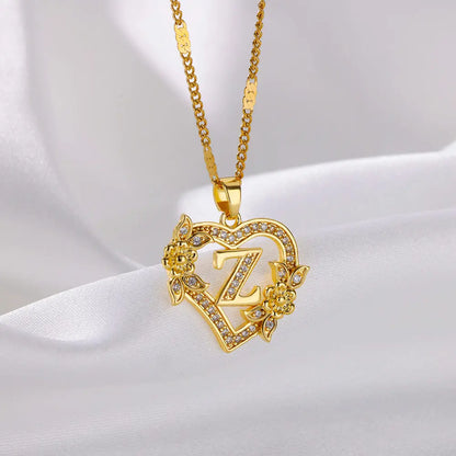 Initial Letter Heart Pendant Necklace | Zircon Flower & Personalised Letter, 316L Stainless Steel