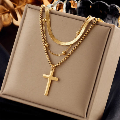 3-in-1 Layered Geometric Pendant Necklace | Waterproof 316L Stainless Steel Gold-Tone Chain