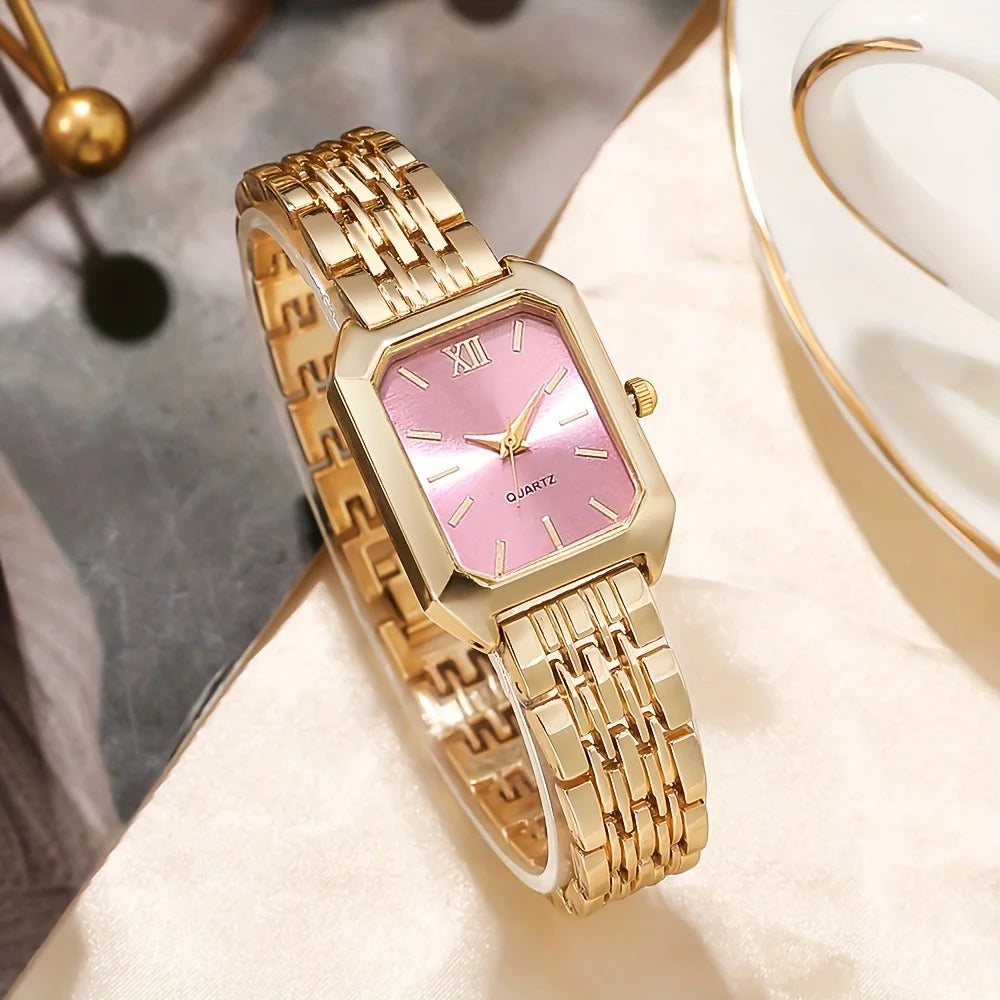 6-Piece Rectangle Watch & Heart Jewellery Set | 27mm Roman Numeral Quartz Watch, Necklace, Bracelet, Ring & Earrings