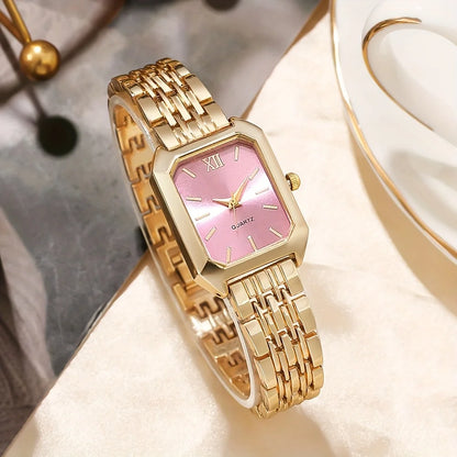 6-Piece Rectangle Watch & Heart Jewellery Set | 27mm Roman Numeral Quartz Watch, Necklace, Bracelet, Ring & Earrings