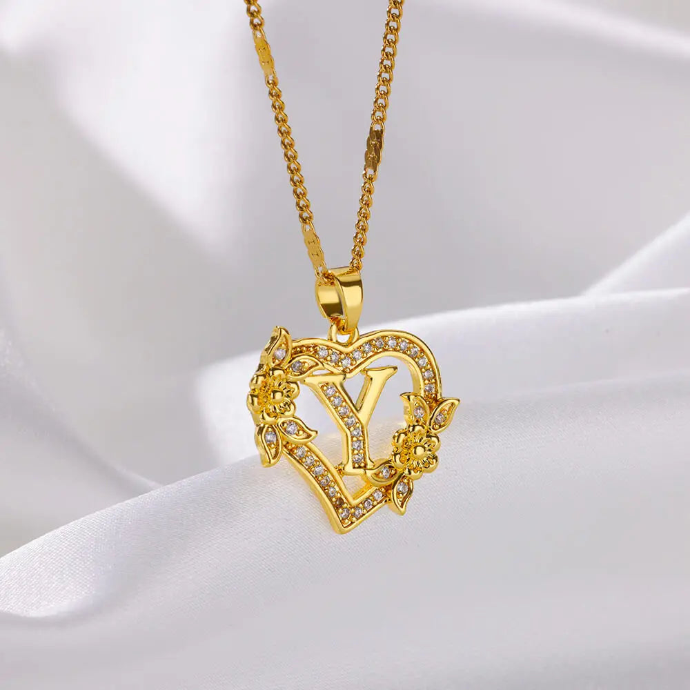 Initial Letter Heart Pendant Necklace | Zircon Flower & Personalised Letter, 316L Stainless Steel