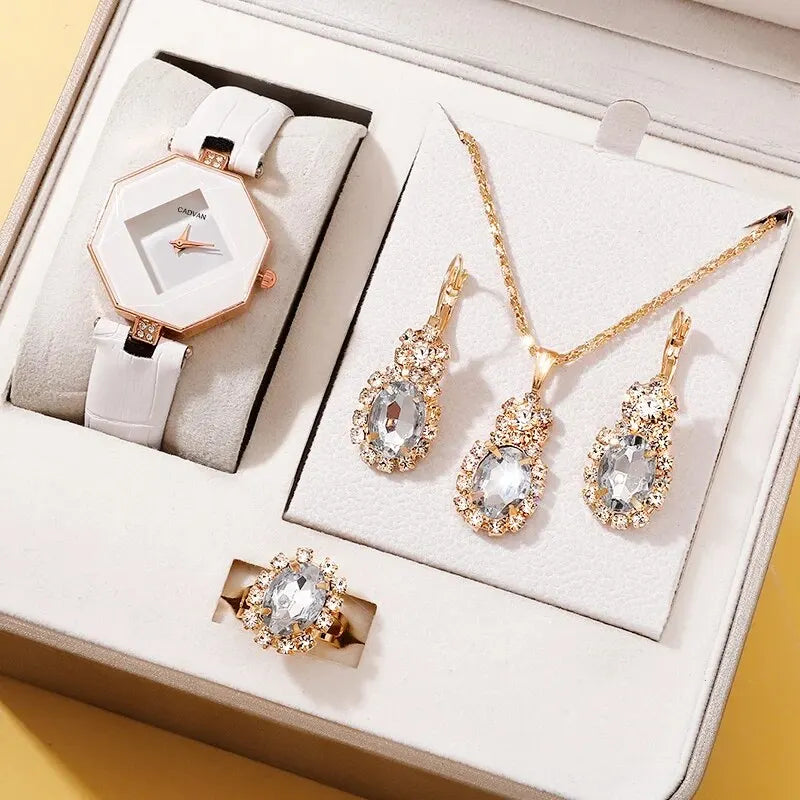 5-Piece Rhinestone Watch & Jewellery Set | Women's Quartz Watch with Necklace, Ring & Earrings