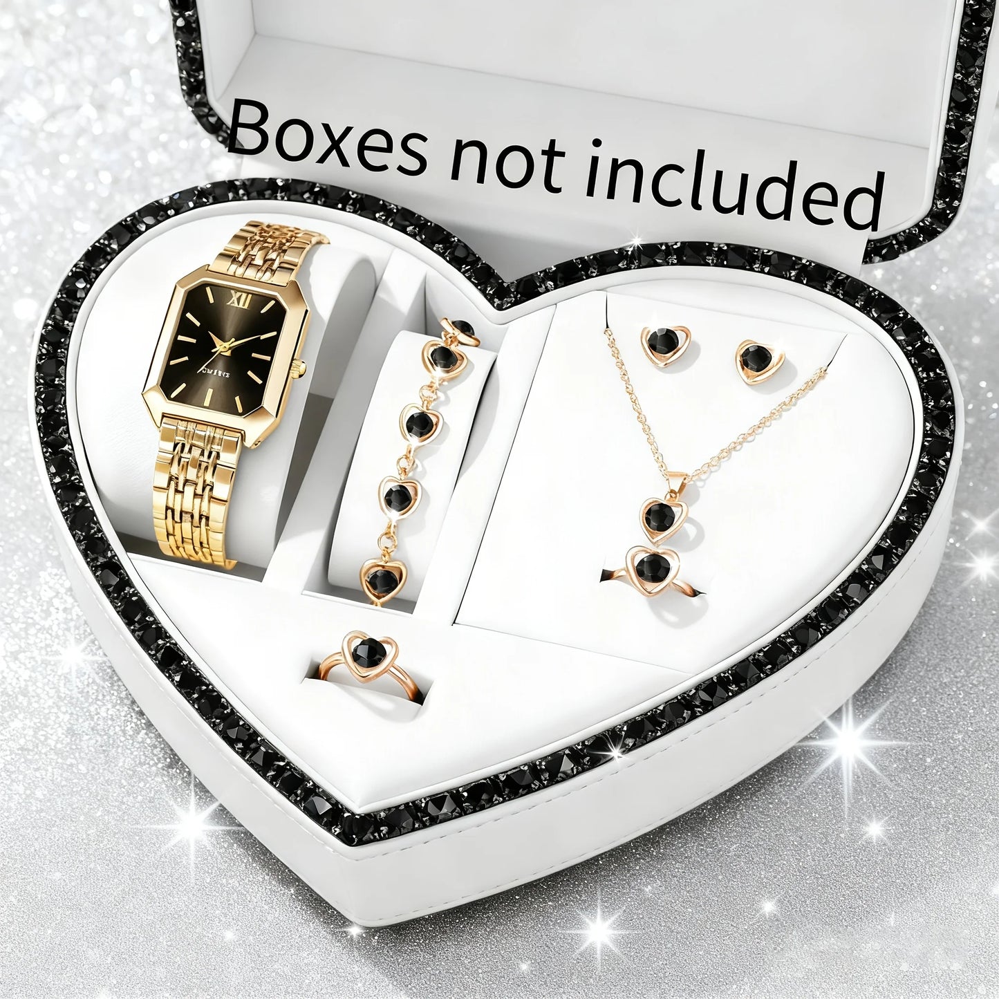 6-Piece Rectangle Watch & Heart Jewellery Set | 27mm Roman Numeral Quartz Watch, Necklace, Bracelet, Ring & Earrings