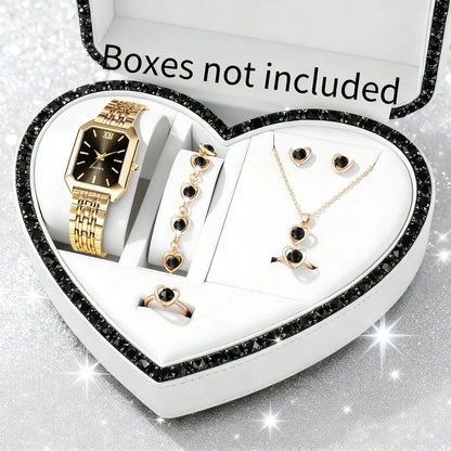 6-Piece Rectangle Watch & Heart Jewellery Set | 27mm Roman Numeral Quartz Watch, Necklace, Bracelet, Ring & Earrings