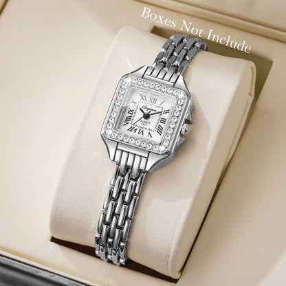Rhinestone Square Watch | Gold-Tone Roman Numeral Dial & Slim Alloy Bracelet