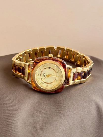 Square Amber Dial Watch | Stainless Steel Bracelet with Date Calendar & Arabic Numerals