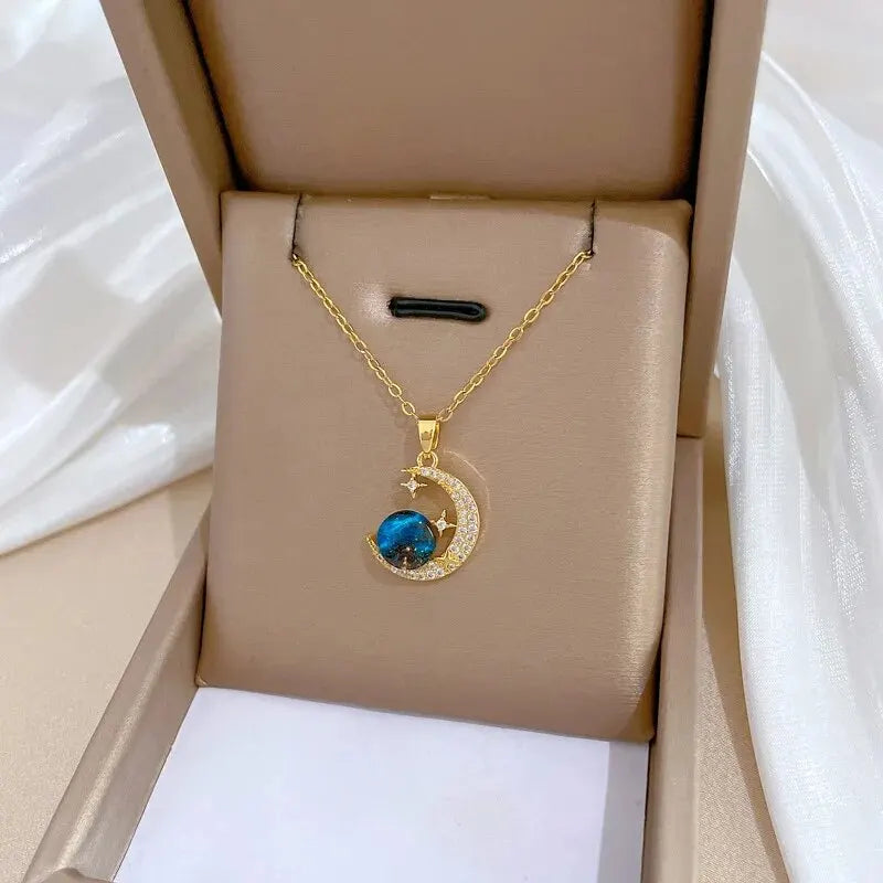 Star, Moon & Astronaut Pendant Necklace | Waterproof Titanium Steel with Zircon