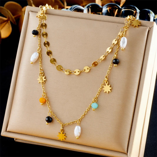 Celestial Pearl & Star Pendant | 316L Stainless Steel Gold Blade Chain Necklace