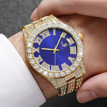 Rhinestone Calendar Watch | 42mm Roman Numeral Dial, Stainless Steel, 20mm Alloy Band