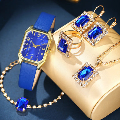 6-Piece Square Watch & Jewellery Set | 29mm Quartz Watch with Leather Strap, Necklace, Bracelet, Ring & Earrings