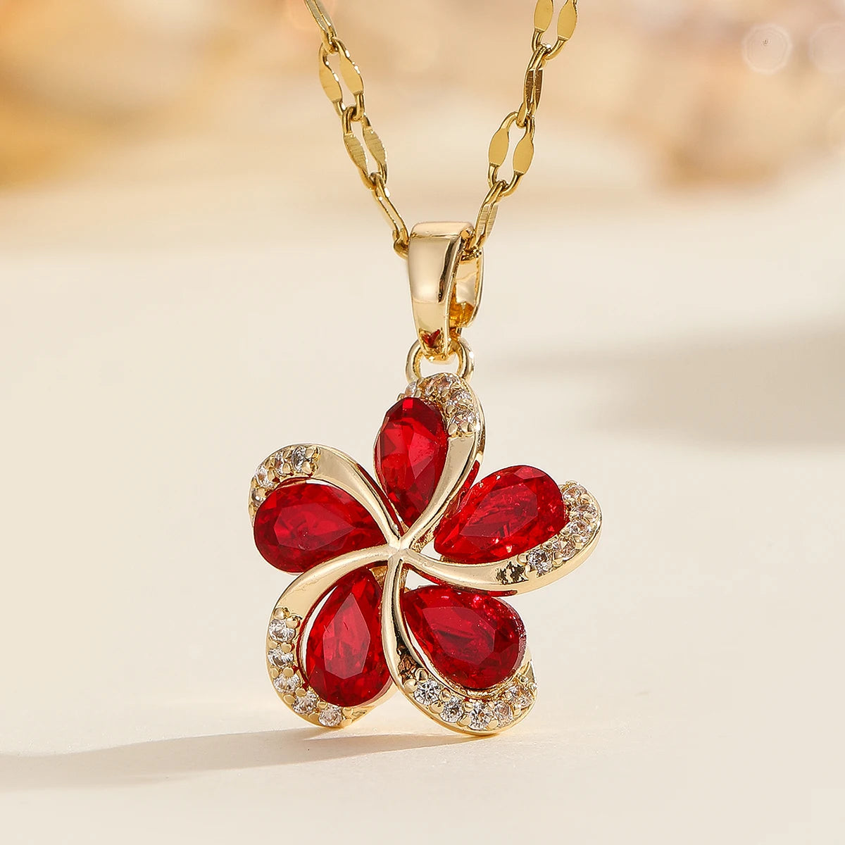Flower Pendant Necklace | 316L Stainless Steel with Green Zircon Centre