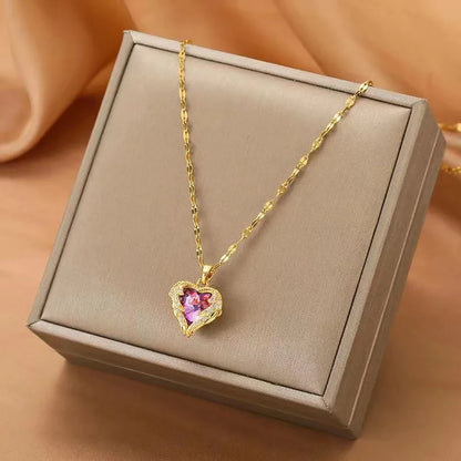 Colourful Crystal Heart Pendant Necklace | 18K Gold-Plated 316L Stainless Steel