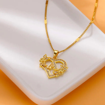 Initial Letter Heart Pendant Necklace | Zircon Flower & Personalised Letter, 316L Stainless Steel