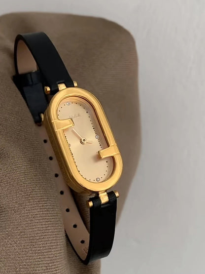Irregular Minimalist Watch | Gold-Tone 24mm Numberless Dial with Slim Leather Strap & Japanese Quartz