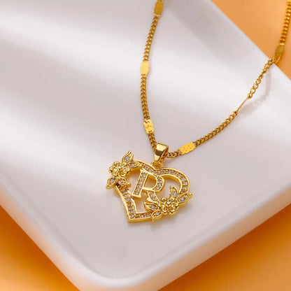 Initial Letter Heart Pendant Necklace | Zircon Flower & Personalised Letter, 316L Stainless Steel