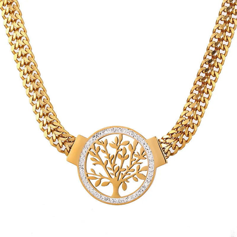 Tree of Life Luxury 316L Stainless Steel Set | Bold Thick Chain Necklace & Sparkling Zircon Earrings