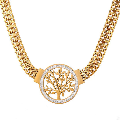 Tree of Life Pendant Necklace & Zircon Earrings Set | 316L Stainless Steel, 5mm Chain, 40cm+5cm