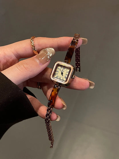 Vintage Square Amber-Tone Watch | 22mm Roman Numeral Stainless Steel Bracelet