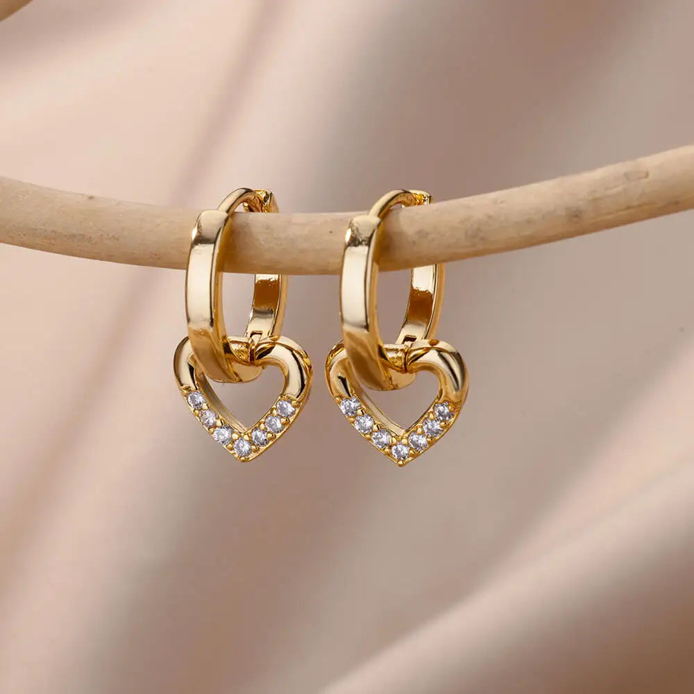 Hollow Zircon Heart Studs | Waterproof Gold Stainless Steel Screw-Back Earrings