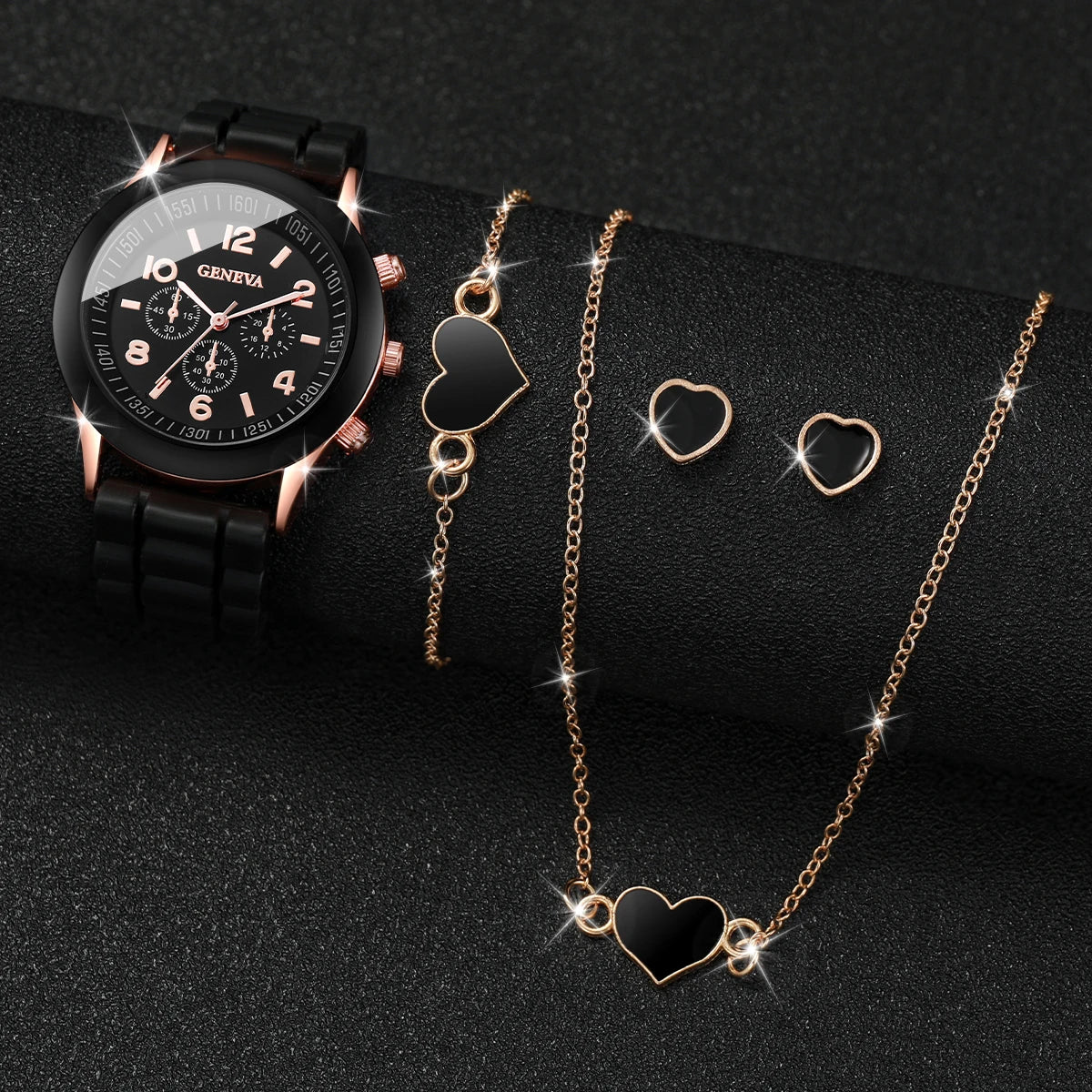 4-Piece Heart Watch & Jewellery Set | 38mm Quartz Watch with Silicone Band, Necklace, Bracelet & Earrings