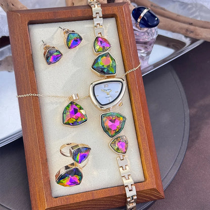 4-Piece Colourful Crystal Watch & Jewellery Set | Irregular Shape Quartz Watch, Necklace, Ring & Earrings