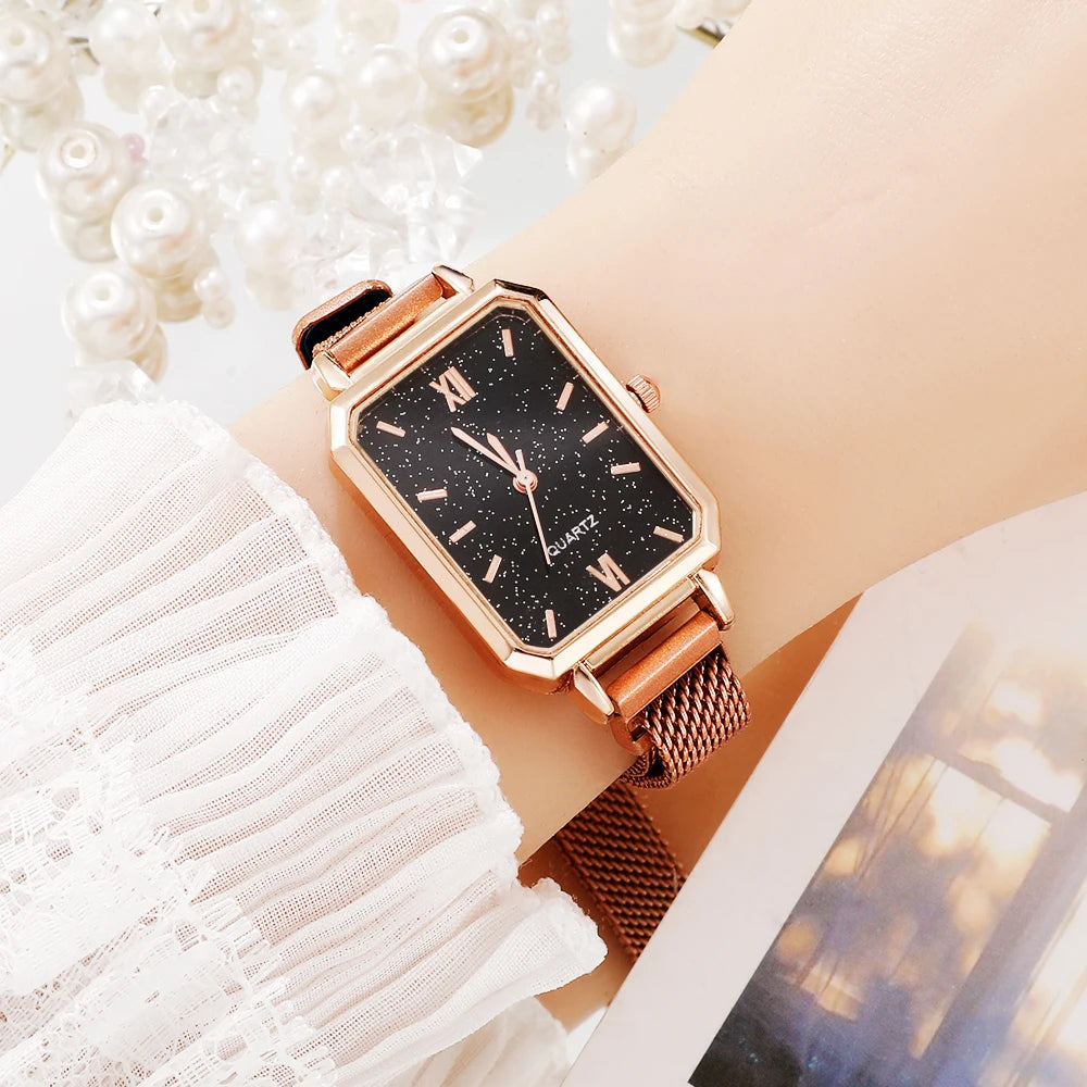 Green Dial Square Watch | Rose Gold Mesh Strap, 24mm, Roman Numerals, Quartz