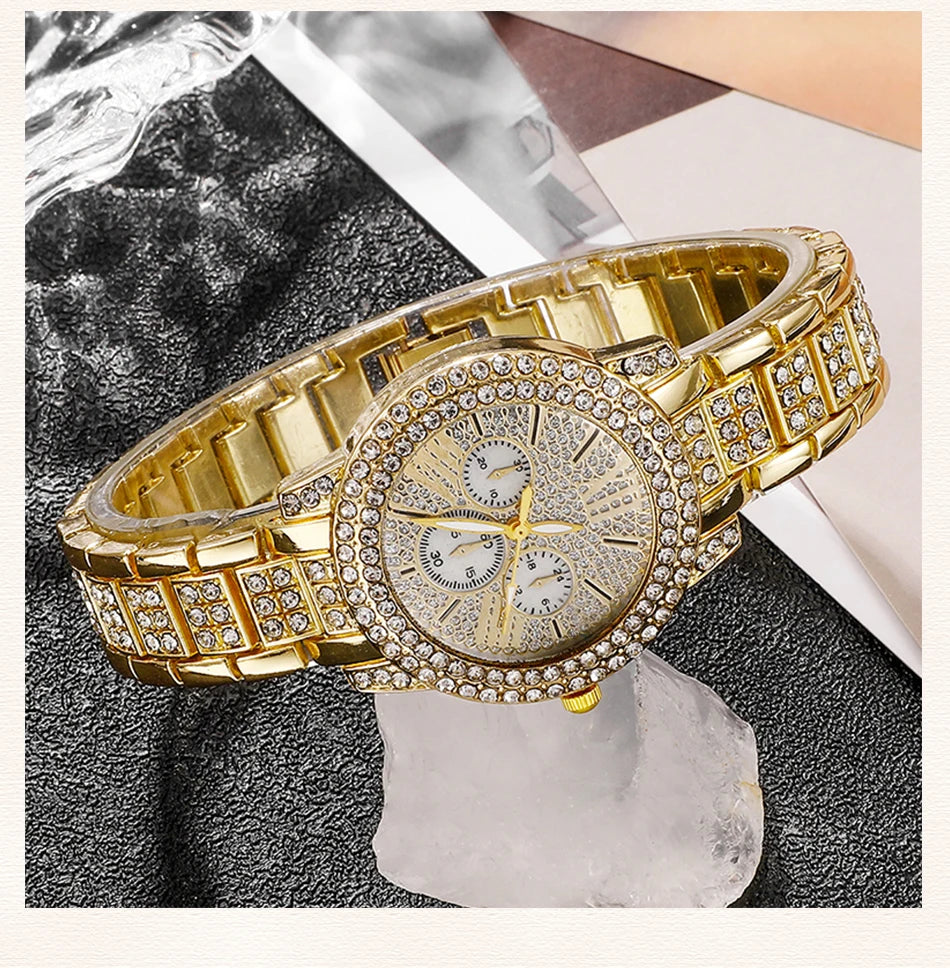 6-Piece Rhinestone Watch & Jewellery Set | Gold-Tone Quartz Watch with Necklace, Bracelet, Ring & Earrings