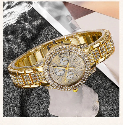 6-Piece Rhinestone Watch & Jewellery Set | Gold-Tone Quartz Watch with Necklace, Bracelet, Ring & Earrings