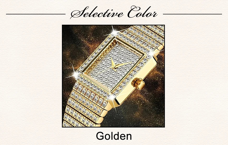 Gold Square Rhinestone Bracelet Watch for Women | Rhinestone Encrusted Quartz Timepiece