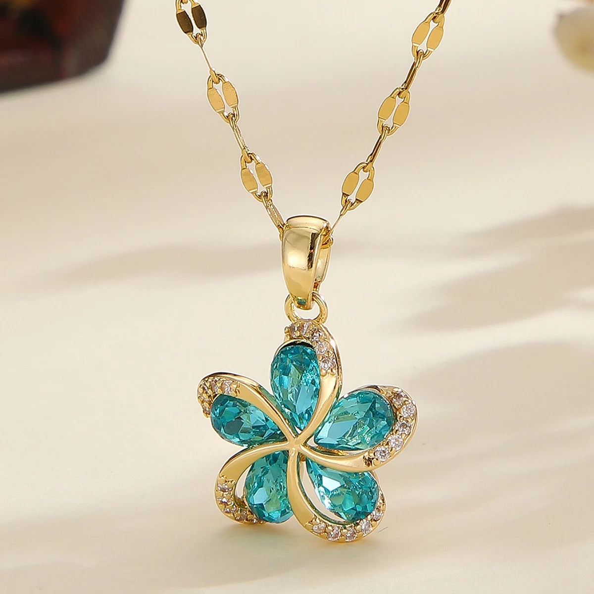 Flower Pendant Necklace | 316L Stainless Steel with Green Zircon Centre